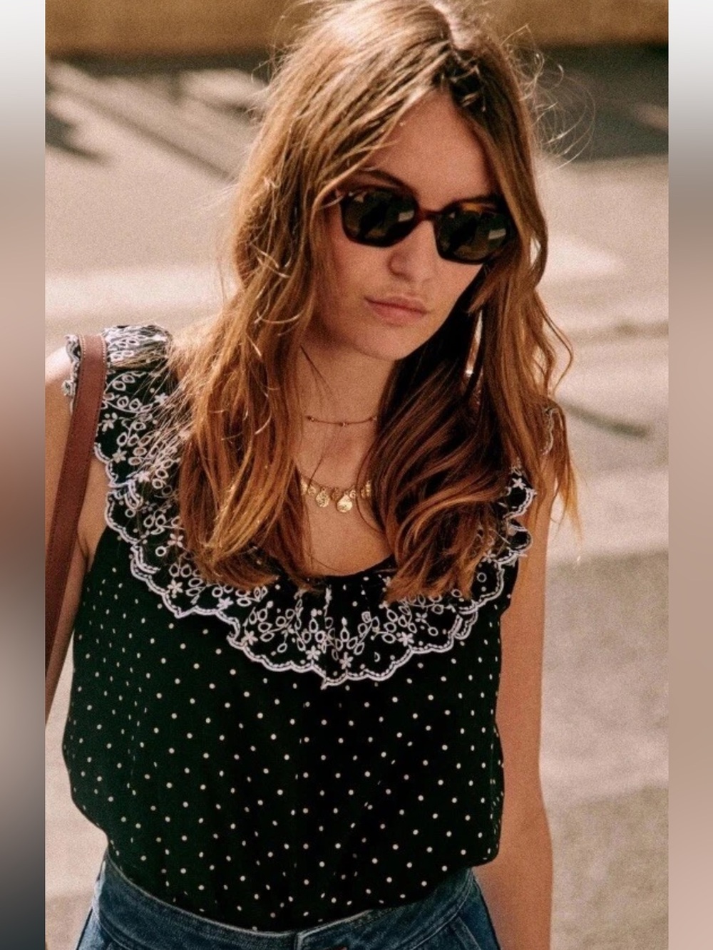SEZANE Rosa Black Polka Dot Camisole with White Lace Trim